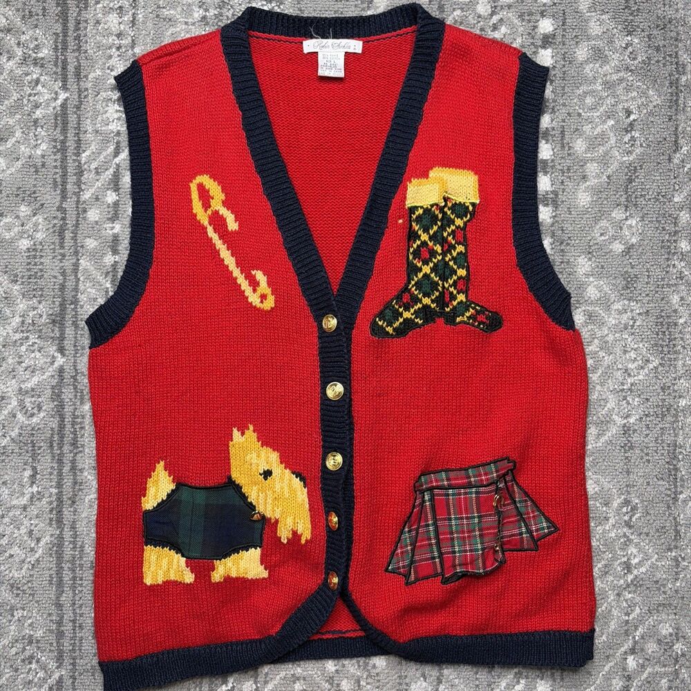 Vintage Robin Sinkler Scottie Dog Holiday Sweater Vest Large Red Novelty 90s